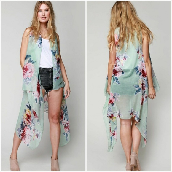 Long Draping Floral Vest - Mint - Picture 2 of 3